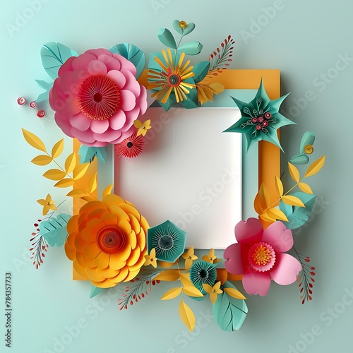 3d render, digital illustration, abstract frame, colorful paper flowers, quilling craft, handmade festive decoration, vivid floral background, mint pink yellow, rectangular card templat