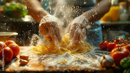 Person kneading pasta with tomatoes on a wooden surface, AI-generated.