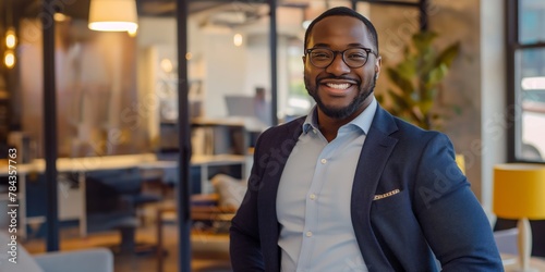 Smiling African American male entrepreneur with crossed arms in a stylish workspace.