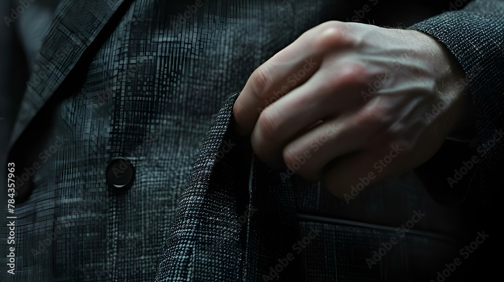 AI generated illustration of a man's hand adjusting his suit jacket