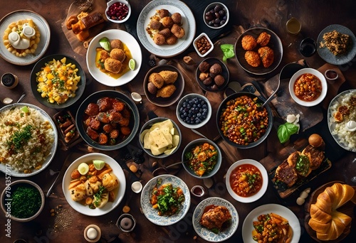 AI generated illustration of assorted food displayed on a table with various dishes and bowls