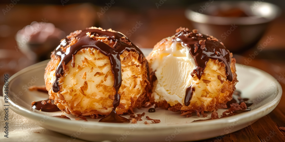 deep-fried ice cream with a bite taken out of it on a simple soft studio pink background, top view, lot of copy-space - obrazy, fototapety, plakaty 