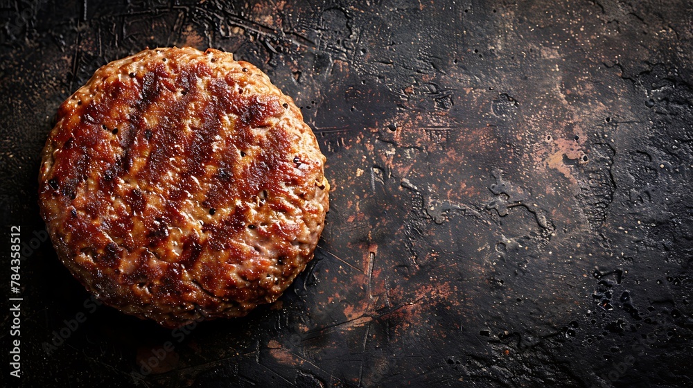cooked hamburger meat on a dark background, top view cooked hamburger meat on a dark background, top view