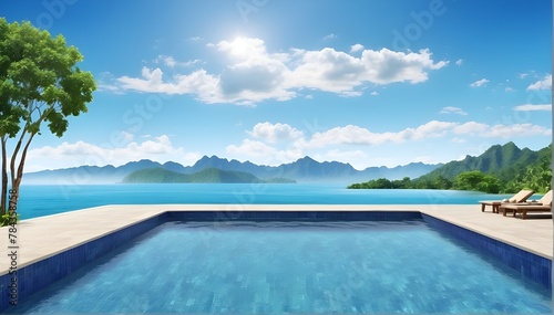 Swimming pool overlooking view andaman sea mountains and blue sky background summer holiday background concept.