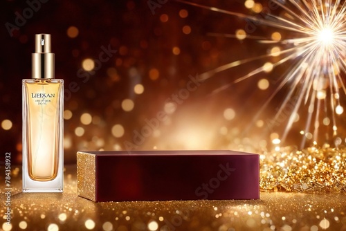 Product packaging mockup photo of Luxury  perfume, cosmetic premium glass bottle. Banner, poster for beauty promotion of elegant product for ads surrounded by golden sparkle glittering light and bokeh