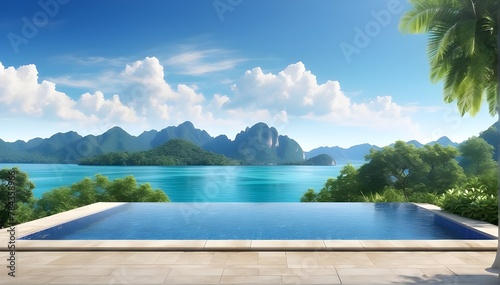 Swimming pool overlooking view andaman sea mountains and blue sky background,summer holiday background concept. photo