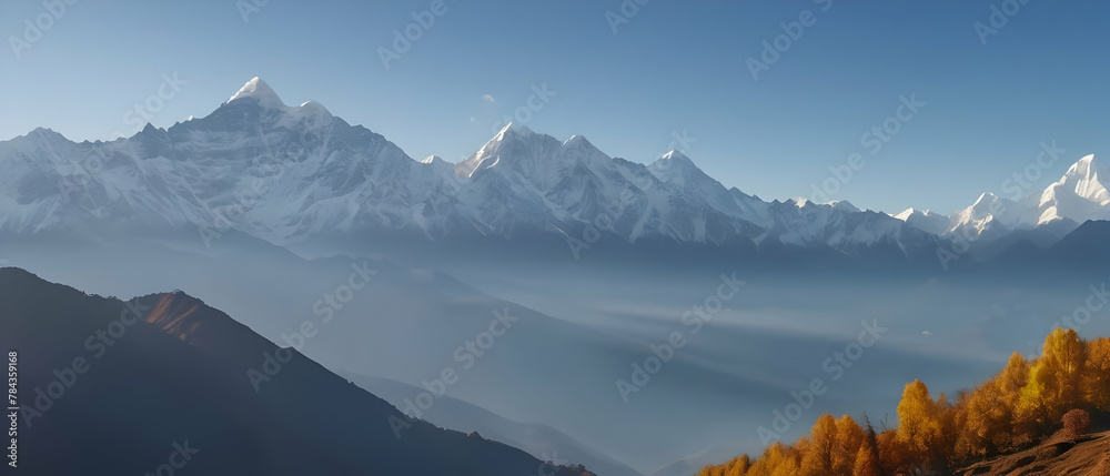 Panoramic beautiful landscape of great mountains range during an autumn morning