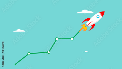 Business earning growth, Stock market soaring, economic prosperity concept, investment sales growth, rocket pulling line graph up rising into the clouds