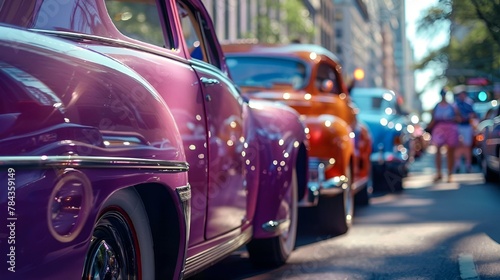 AI generated illustration of a classic car parked among vintage vehicles on a road © Wirestock