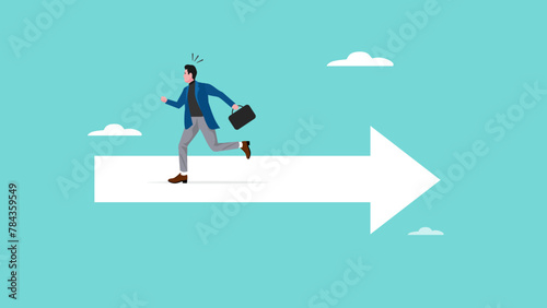 wrong direction lead to mistake, mislead or false to get lost concept, leadership decision to be difference or opposite, Confused businessman running in wrong opposite direction of trend arrow photo