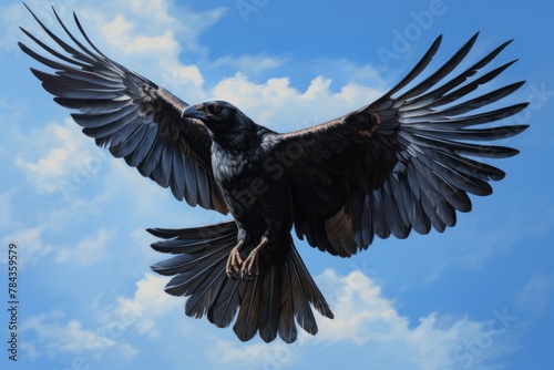 AI generated illustration of a black crow soaring through a blue sky