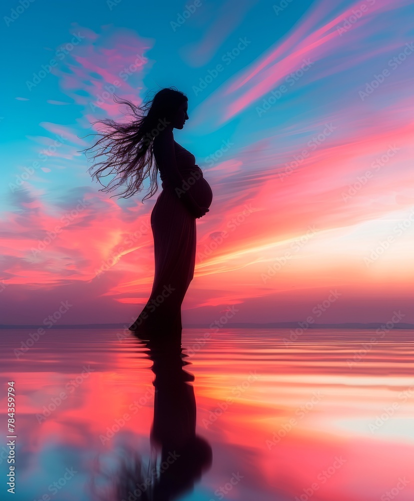 Glowing Mother: a Pregnant Woman Embracing Life in the Sunset Waters