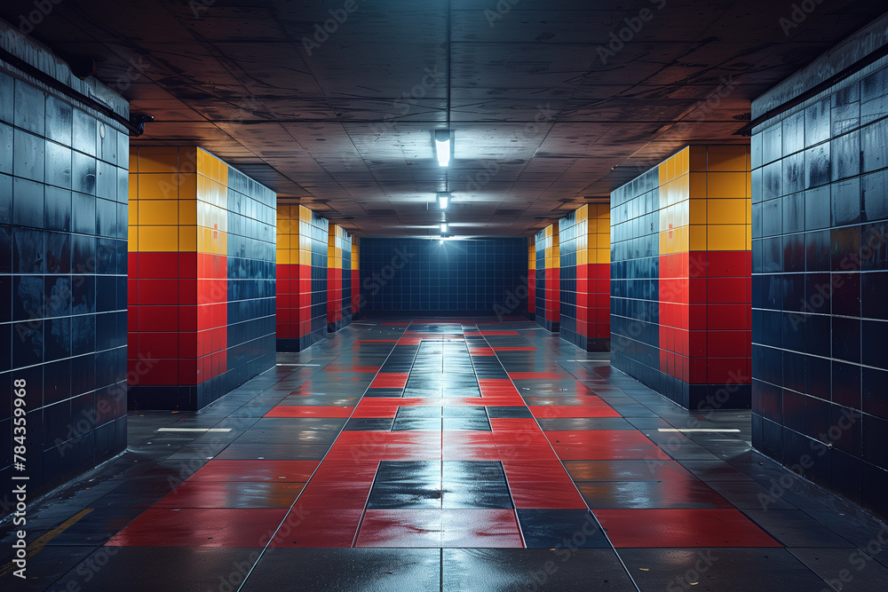 a long, empty, empty room with red and yellow tiles