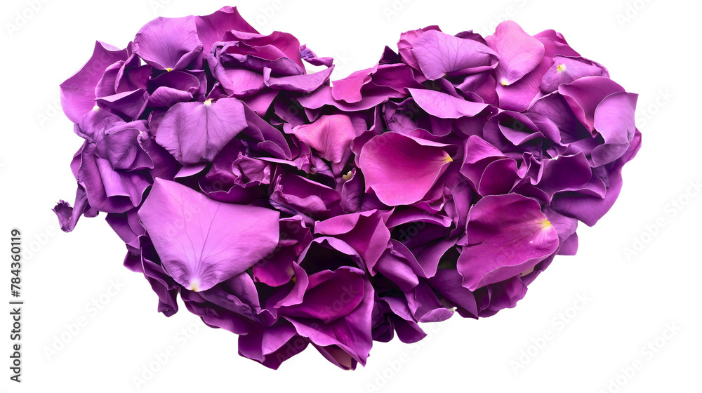 Purple rose flower petals in the shape of the heart isolated on transparent background, wedding decoration, feminine romantic, woman or mother love