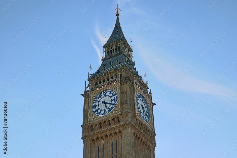 Scenic view of the Big Ben on blue sky background in London, England
