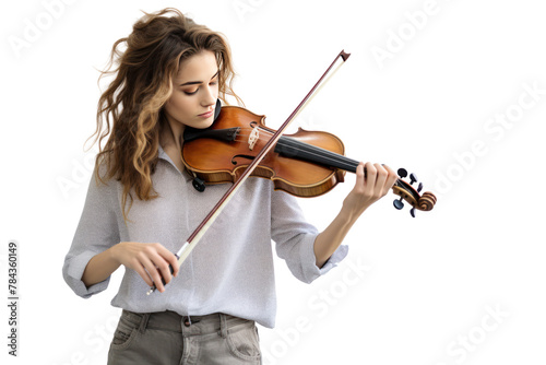 A young woman plays music beautifully Show off special abilities. Isolated on transparent background.
