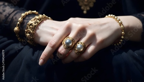 a woman wearing gold rings and bracelets holds two pearl rings