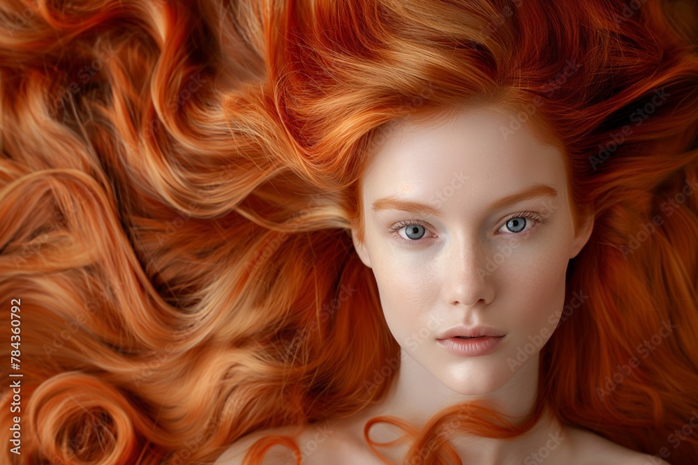 A stunning image of a woman with fiery red hair spread out, presenting a powerful statement for themes related to beauty, fashion, and strength.