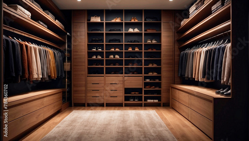 a modern closet with some shoes in it and drawers for a coat rack