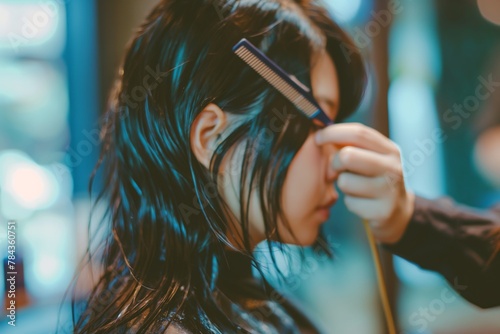 A stylist meticulously combs through a client's wet hair, an image suitable for tutorials on haircutting and the precision required in hair styling.
 photo