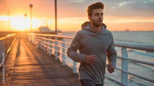 A handsome young man wearing shorts, jogging or running on wooden deck next to ocean or sea water. Cardio workout, healthy fitness lifestyle guy, waves in the background, active male, copy space photo