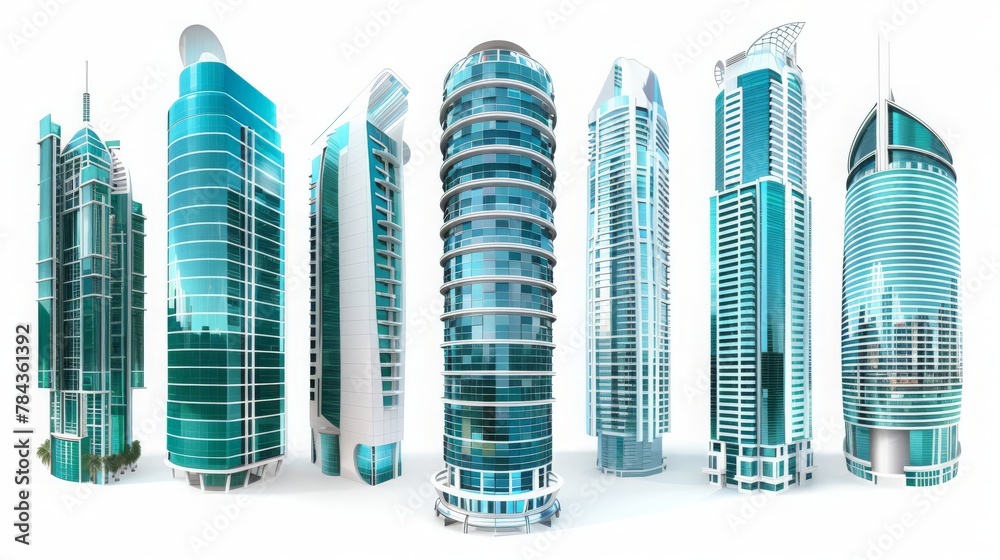 Set of different skyscraper buildings isolated on white. 3d illustration