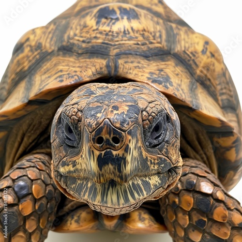Direct frontal view of a tortoise with detailed shell patterns and focused eyes. photo