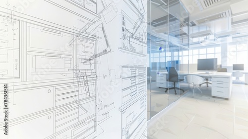 Unfinished office room interior. Engineering and blueprint concept. 3D Rendering