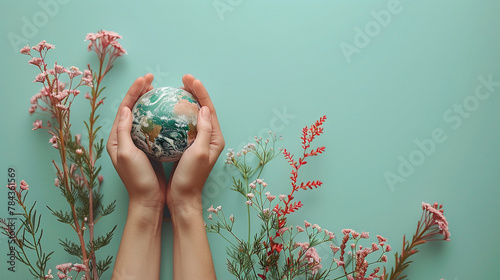 A serene image of cupped hands holding a small globe, set against a teal backdrop, framed by delicate pink flowers. The image evokes themes of nature, care, and environmental consciousness. copy space