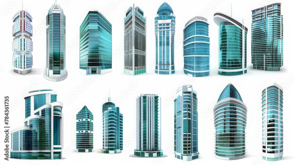 Set of different skyscraper buildings isolated on white. 3d illustration Set of different skyscraper buildings isolated on white. 3d illustration