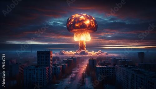 AI generated illustration of a devastating nuclear blast above urban area