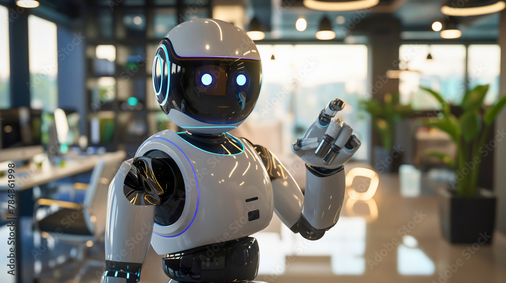 Black and white robot AI artificial intelligence standing in modern office interior. Android cyborg humanoid corporate company worker, business job or work industry automation, employment competition Black and white robot AI artificial intelligence standing in modern office interior. Android cyborg humanoid corporate company worker, business job or work industry automation, employment competition