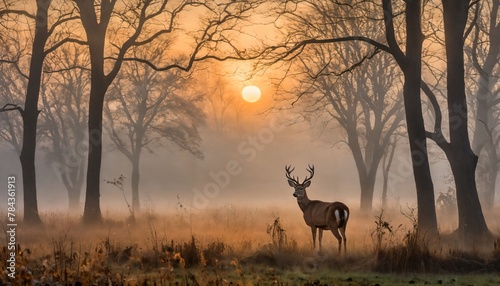 AI generated illustration of deer in a sunlit clearing among grass and trees