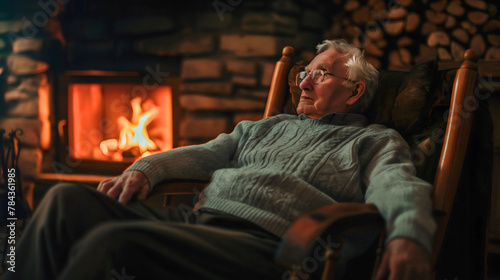 Old senior man or grandpa sleeping in a wooden chair near the fireplace in cozy room interior. Male pensioner retirement leisure and relaxing, wearing sweater, winter holiday, copy space