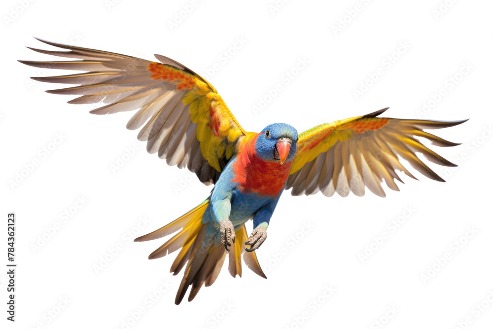 A single multi-colored parrot is flying. Isolated on transparent background.