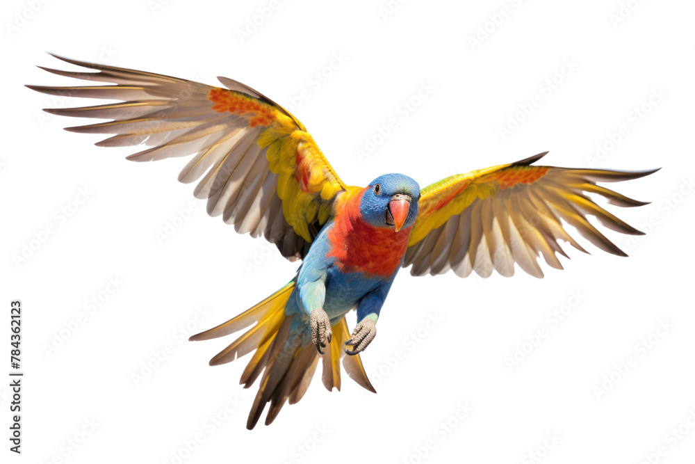 Fototapeta premium A single multi-colored parrot is flying. Isolated on transparent background.