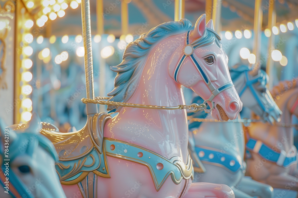 Carousel with colorful horse figures spinning in motion, AI-generated.