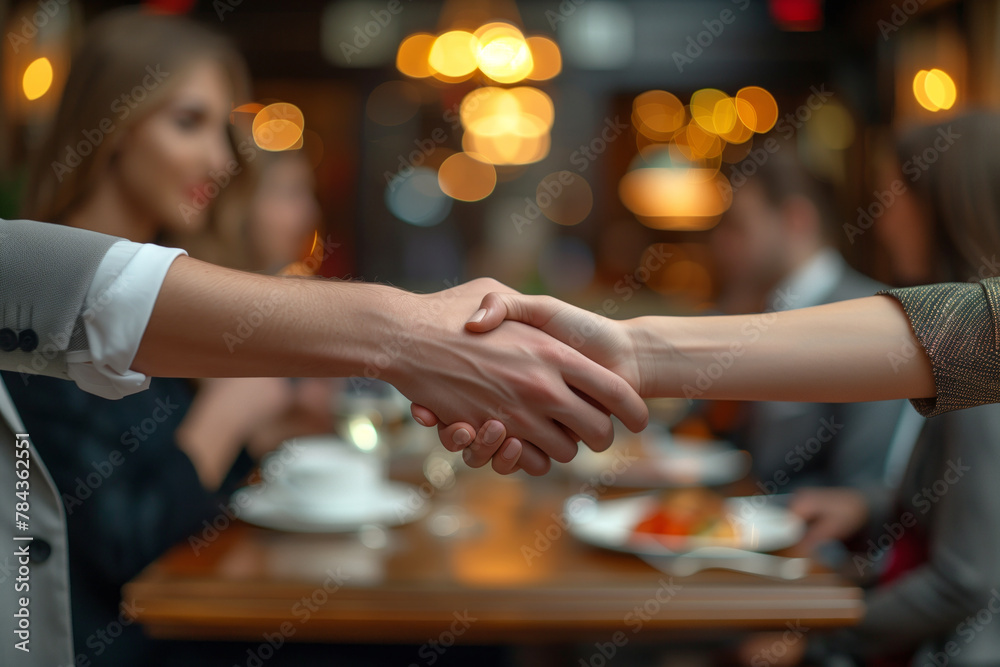 Two people shaking hands in front of a table with other people. Scene is friendly and welcoming. businesspeople shaking hands in a small meeting, of emphasis on emotion, Two people shaking hands in front of a table with other people. Scene is friendly and welcoming. businesspeople shaking hands in a small meeting, of emphasis on emotion,