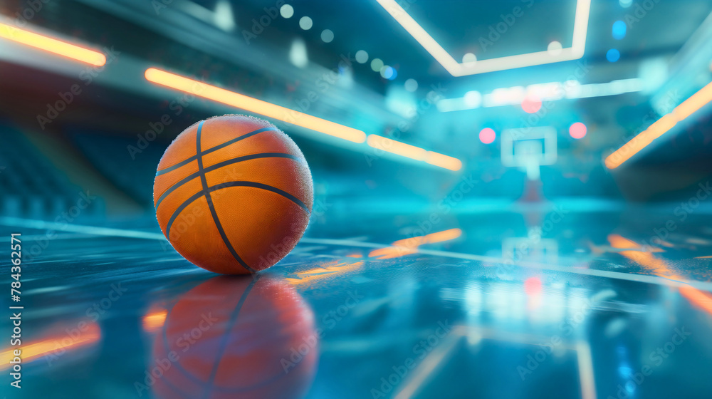 Orange basketball ball placed on a shiny blue hardwood parquet floor in an empty modern sport arena stadium interior. Recreational leisure sports activities, hooping background, copy space Orange basketball ball placed on a shiny blue hardwood parquet floor in an empty modern sport arena stadium interior. Recreational leisure sports activities, hooping background, copy space