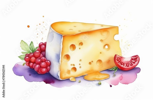 Piece of cheese on white background in watercolor style