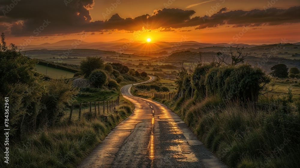 An Irish winding country road stretching towards a sunset