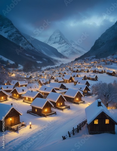 Cozy cabins lit up with warm lights nestled in a snow-covered mountain village under a twilight sky, evoking a tranquil winter scene.
