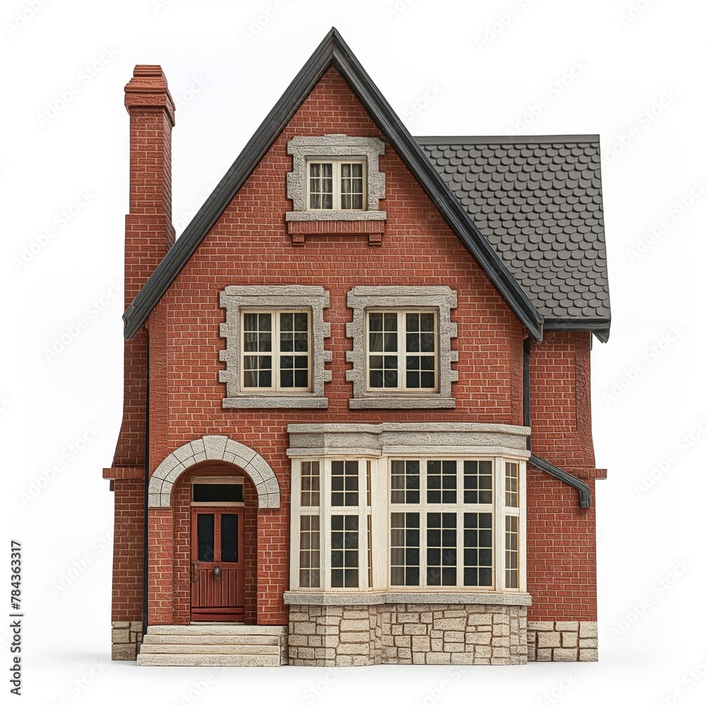 Isolated model of a traditional red brick house on a white background, detailed and realistic.