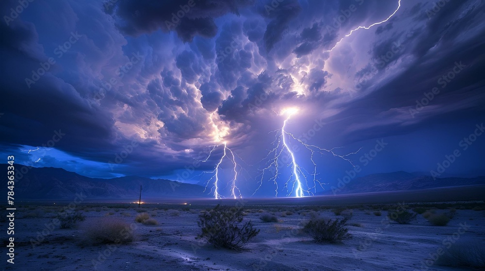 a lightning bolt strikes through the sky near a dirt field