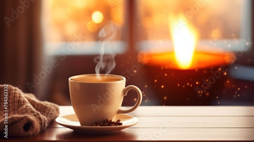 Mug of hot coffee in living room on blurred fireplace background. Enjoy warm coffee in winter season concept.