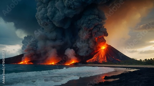 a plume of orange smoke is visible in the sky over a beach