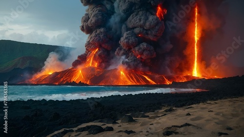 lava flowing into the ocean with an active volcano in the background photo