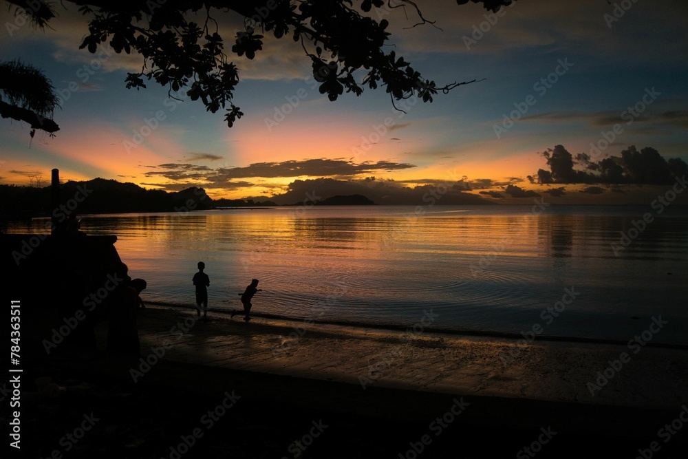 Silhouette of people on the shore during sunset Silhouette of people on the shore during sunset