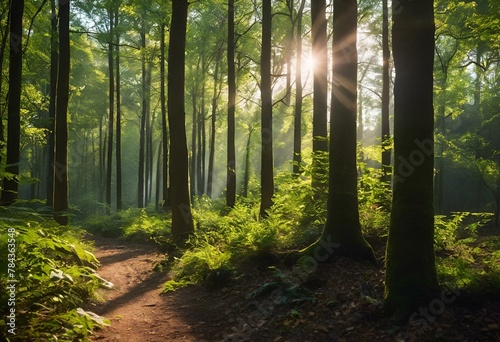 AI generated illustration of sunlight filters through trees on a fern-lined forest path © Wirestock