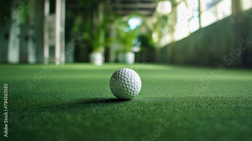 Golf ball on grass floor indoor in sport course building inside. Copy space for text photo
